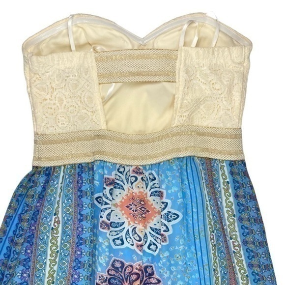 City Triangles Strapless Dress Womens M Cream Embroidered Blue Paisley Boho Maxi - Picture 5 of 16